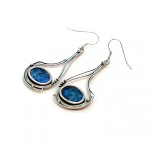 Michal Kirat Sterling Silver Dangle Hoop Earrings with Circular Roman Glass Inset