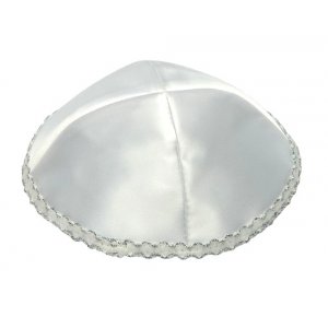 White Satin Kippah with Wavy Silver Trim on Edge